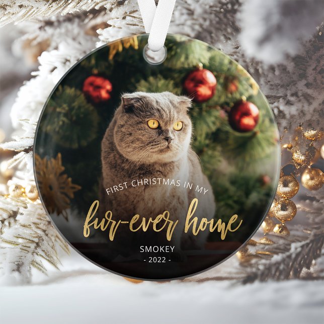 Ornamento Pet Photo First Christmas Forever Home Dourado Scr (Criador carregado)