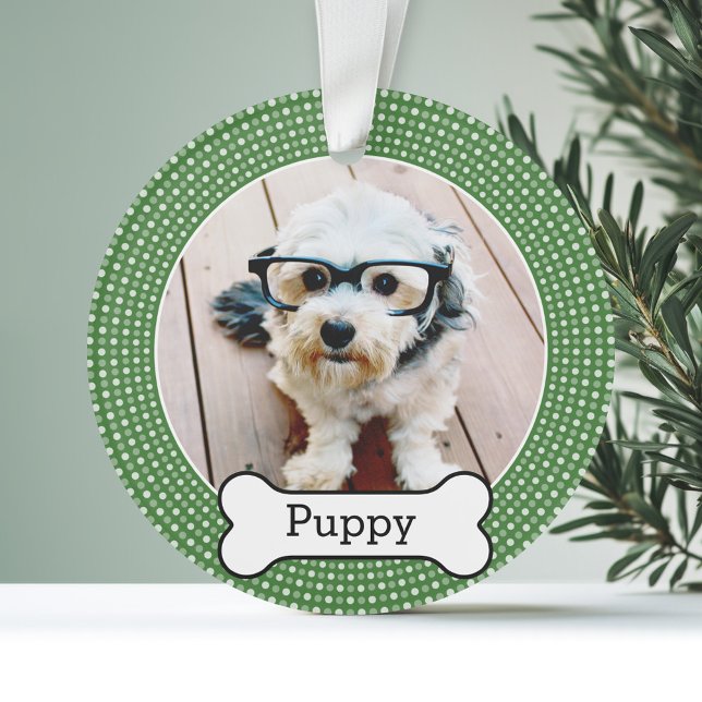 Ornamento Pet Photo with Dog Bone - bolinhas verdes (Personalized Photo Ornament - Pet Theme)