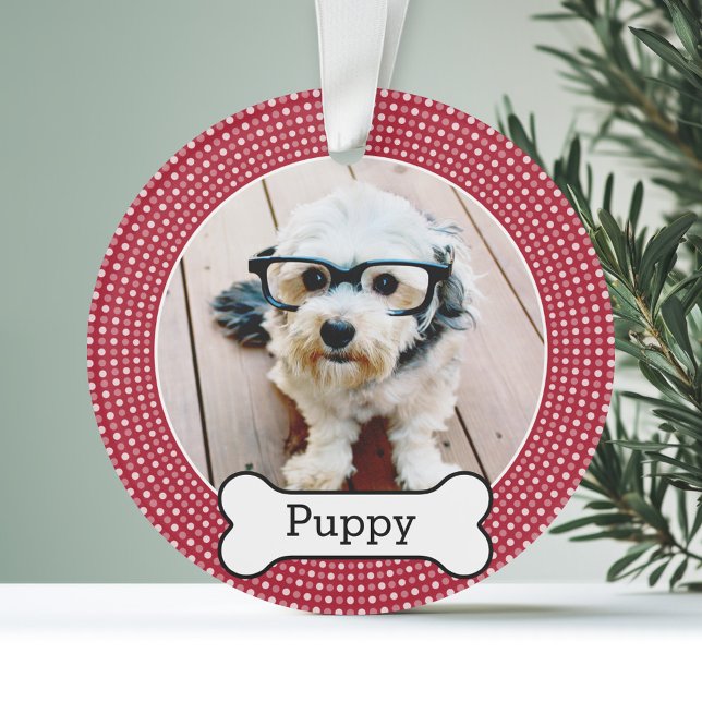 Ornamento Pet Photo with Dog Bone - bolinhas vermelhas (Personalized Photo Ornament - Pet Theme)