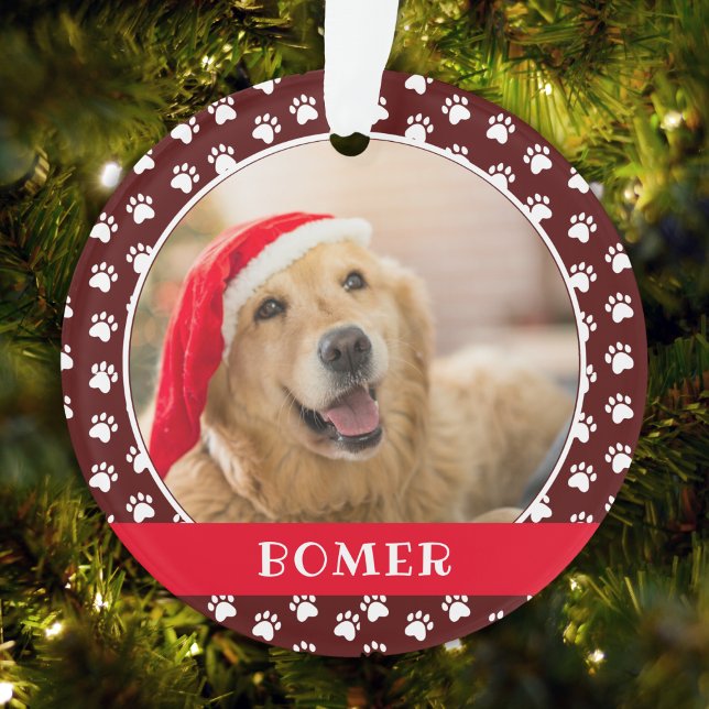 Ornamento Pet Photo with Paw Print Pattern with Name (Criador carregado)