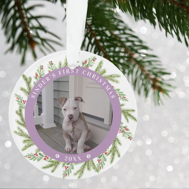 Ornamento Pet Puppy Dog Primeiro Natal 2 Fotos Verde (Pet Puppy Dog First Christmas 2 Photos Greenery Ornament)