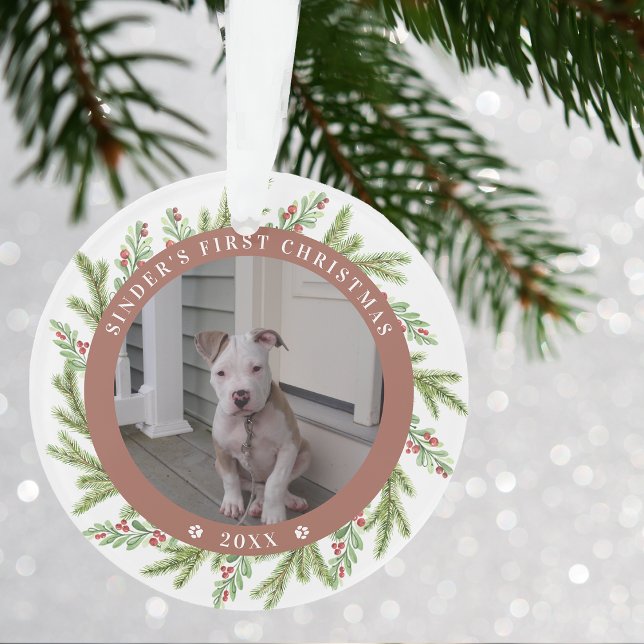 Ornamento Pet Puppy Dog Primeiro Natal 2 Fotos Verde (Pet Puppy Dog First Christmas 2 Photos Greenery Ornament)