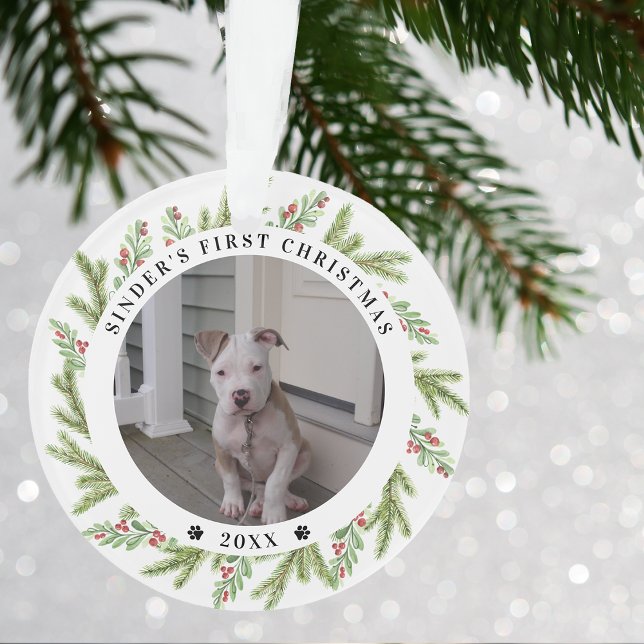 Ornamento Pet Puppy Dog Primeiro Natal 2 Fotos Verde (Pet Puppy Dog First Christmas 2 Photos Greenery Ornament)