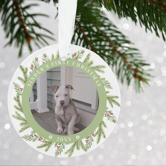 Ornamento Pet Puppy Dog Primeiro Natal 2 Fotos Verde (Pet Puppy Dog First Christmas 2 Photos Greenery Ornament)