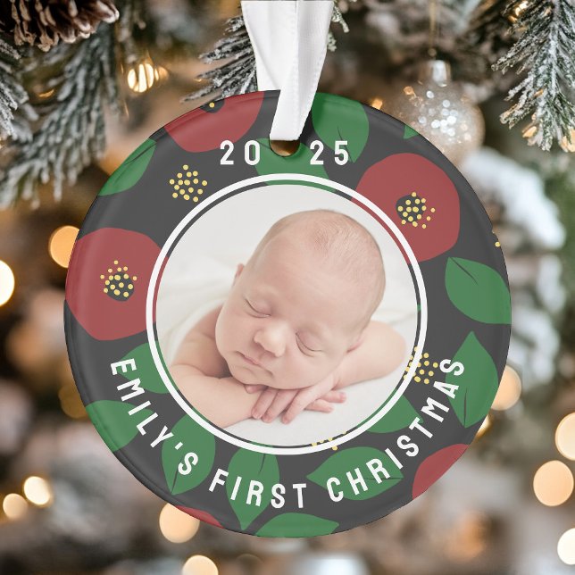 Ornamento Photo Baby's First Christmas Floral (Photo Baby's First Christmas Floral Ornament)