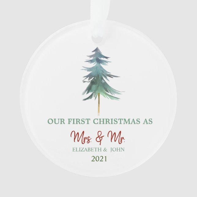 Ornamento Pinheiros Aquarela Árvores Nosso Primeiro Feriado  (Frente)