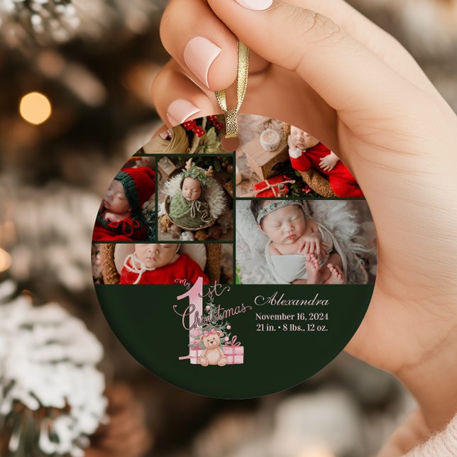 Ornamento Pink Green Baby First Christmas (Criador carregado)