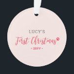 Ornamento Pink & Red Puppy Dog First Christmas Photo<br><div class="desc">Celebrate the season with this stylish pet's first Christmas photo ornament. This design features modern lettering "First Christmas" with a cute red paw icon. You can add your photo and personalize the text. More holiday gifts and cards are available at my shop BaraBomDesign.</div>