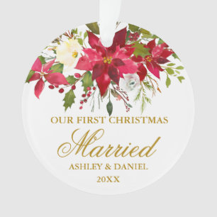 Ornamento Poinsettia Floral Dourada Primeiro Natal Casado
