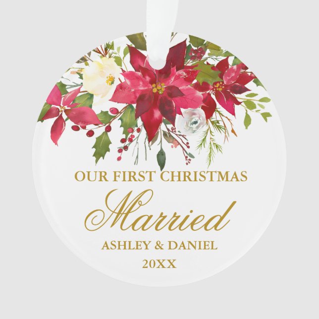 Ornamento Poinsettia Floral Dourada Primeiro Natal Casado (Frente)