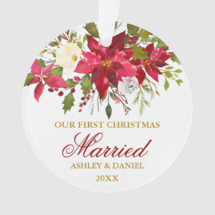 Ornamento Poinsettia Floral Dourado Primeiro Natal  Foto