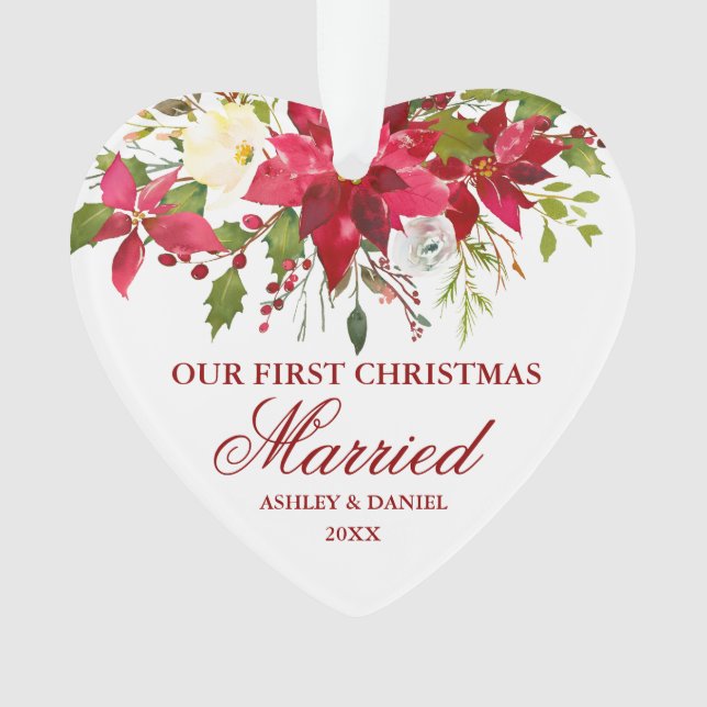 Ornamento Poinsettia Floral Primeiro Coração Casado de Natal (Frente)