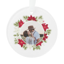 Poinsettia Flower e Pine Round Photo