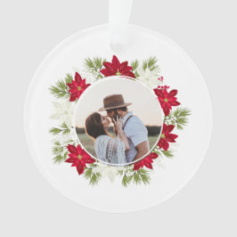 Ornamento Poinsettia Flower e Pine Round Photo