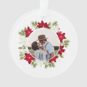 Ornamento Poinsettia Flower e Pine Round Photo