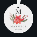 Ornamento Poinsettia Winter Botanograma Monograma Natal<br><div class="desc">Enfeites de natal elegante para uma família nova ou nova,  com ilustração aquosa de poinsettia com verde de inverno. Adicione sua inicial no topo e foto no verso.</div>