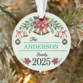 Ornamento Poinsettia Wreath Bells Family Name 2025 Christmas