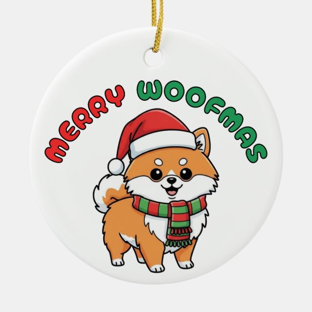 Ornamento Pomeraniano de Natal: Feliz Woofmas (Frente)