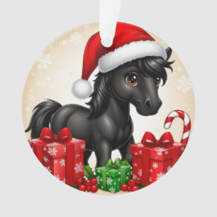 Ornamento Pônei Preto Fofo com Chapéu de Papai Noel