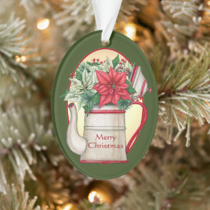 Ornamento Pote de chá antigo com poinsettias no Natal