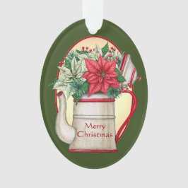 Ornamento Pote de chá antigo com poinsettias no Natal