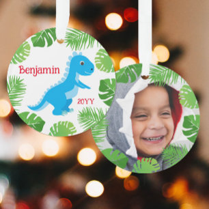 Ornamento Presente de Natal com Foto do Dinossauro T-Rex Azu