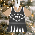 Ornamento Preto Uniforme da Equipe de Variação de Estrutura<br><div class="desc">Ornamento Uniforme da Equipe de Montagem de Equipamento de cheerleader. Este ornamento de cheerleader é perfeito para qualquer um que aplaude esportes escolares ou ama esportes de aplausos. Personalize este design personalizado com seu próprio nome e ano.</div>