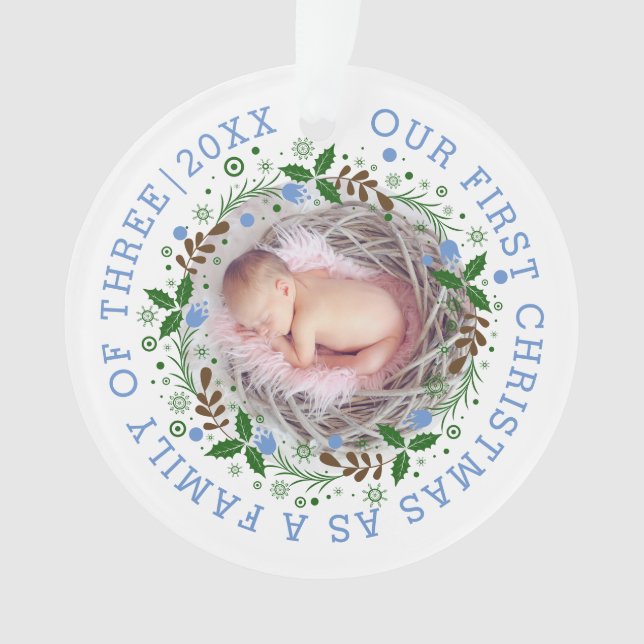 Ornamento Primeira família natalícia de três fotos azuis (Frente)