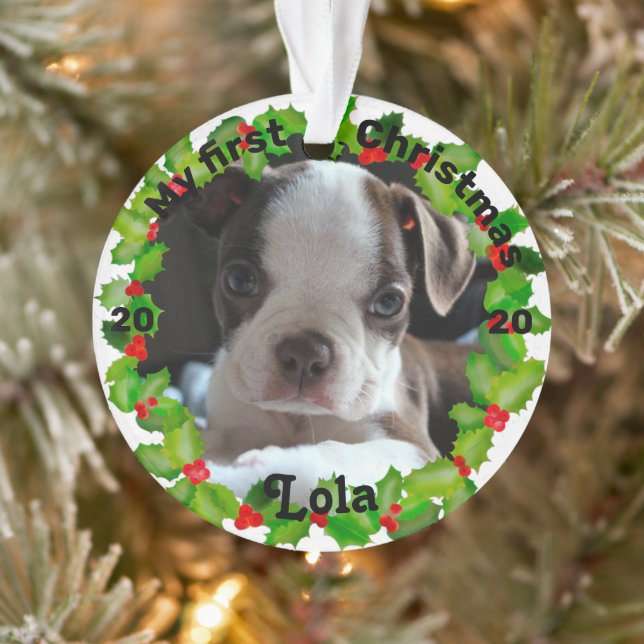Ornamento Primeira foto de Natal de Puppy personalizada (Árvore)