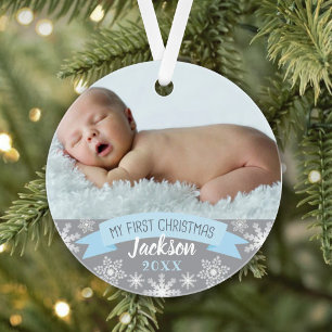 Ornamento Primeira Luz de Natal Bebê Menino Foto Azul
