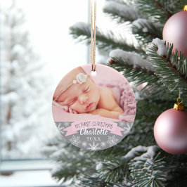 Ornamento Primeira menina bebê rosa luz de Natal Foto