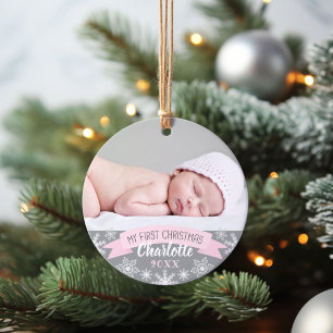 Ornamento Primeira Menina de Luz Rosa Natal Foto Bebê