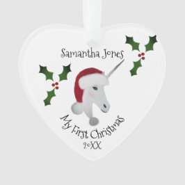 Ornamento Primeira Menina de Natal Uniçorn Heart Personaliza