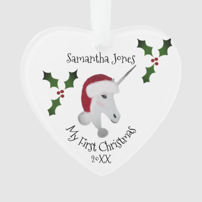Ornamento Primeira Menina de Natal Uniçorn Heart Personaliza (Frente)