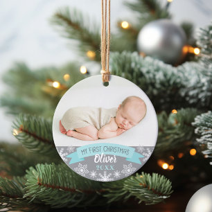 Ornamento Primeiro Natal Aqua Azul Bebê Menino Foto