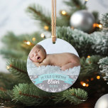 Ornamento Primeiro Natal Aqua Blue Baby Boy Foto<br><div class="desc">A faixa "Meu Primeiro Natal" e design de ornamento de fotos de borda de flocos de neve podem ser personalizados com o nome do bebê e o ano de nascimento. Inclui uma segunda foto no verso. Azul-marinho,  cinzas e cores brancas.</div>