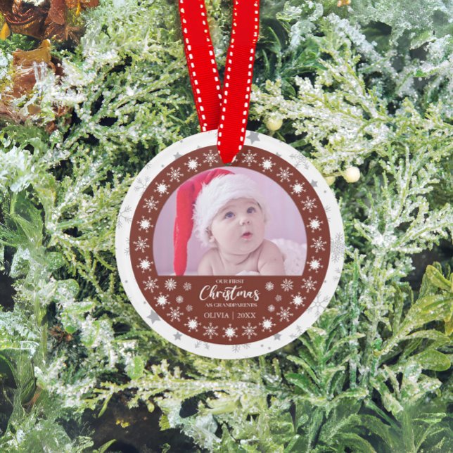 Ornamento Primeiro Natal Avós 2-Foto-Keepsaoket (Our first christmas as grandparents baby ornament 2-photo)