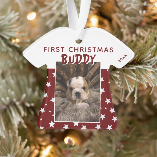 Ornamento Primeiro Natal Cachorro com Estrelas Vermelhas Fot (Árvore)