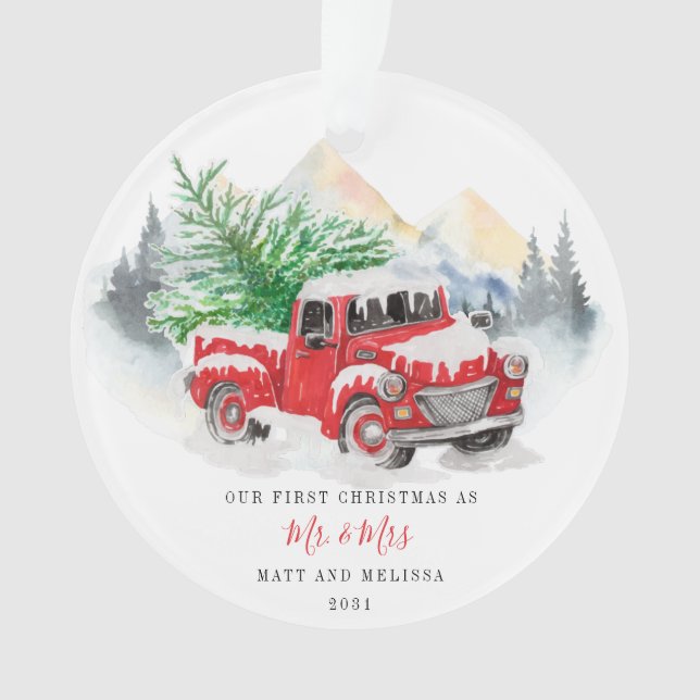 Ornamento Primeiro Natal Casado como Sr. & Sra. Red Truck (Frente)