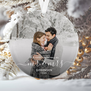 Ornamento Primeiro Natal Casados Foto Script Branco