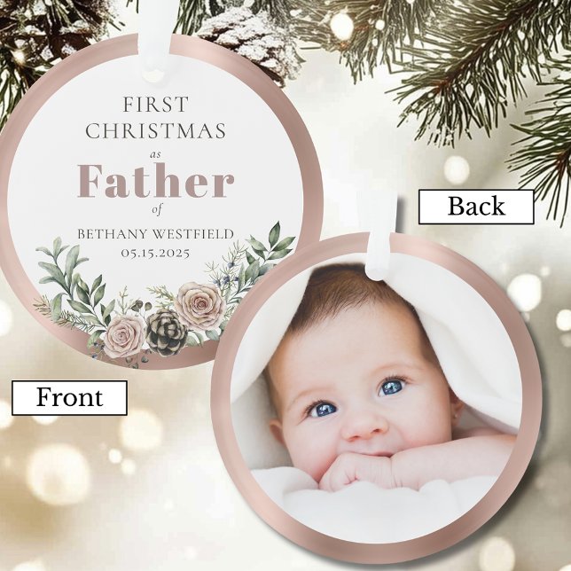 Ornamento Primeiro Natal como Pai Presente de Foto (First Christmas as Father Photo Keepsake Round Acrylic Ornament)