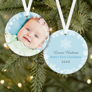 Ornamento Primeiro Natal do Bebê Menino Quadro de Foto Floco