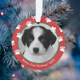 Ornamento Primeiro Natal do Cachorrinho Pegadas Vermelhas e 