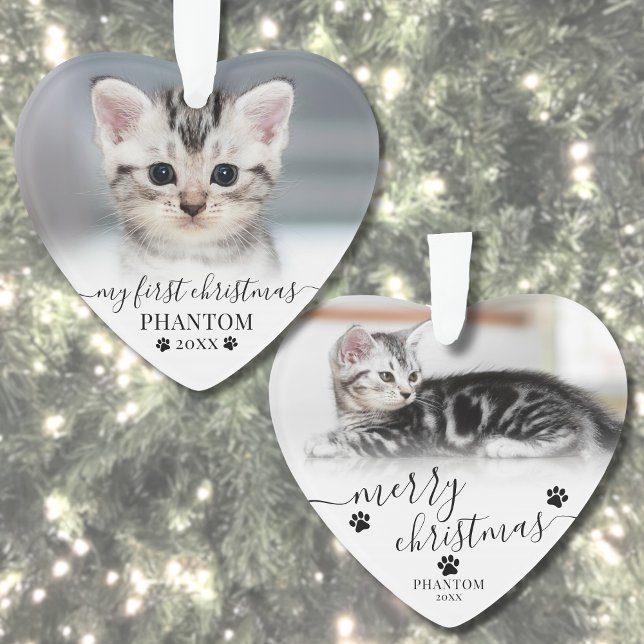 Ornamento Primeiro Natal do Gato Fotografia Coração (Pet First Christmas Script Cat Photo Heart Ornament )