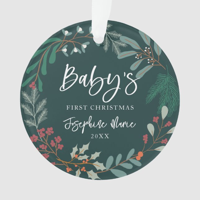 Ornamento Primeiro Natal do Green Winter Botanical Baby (Frente)