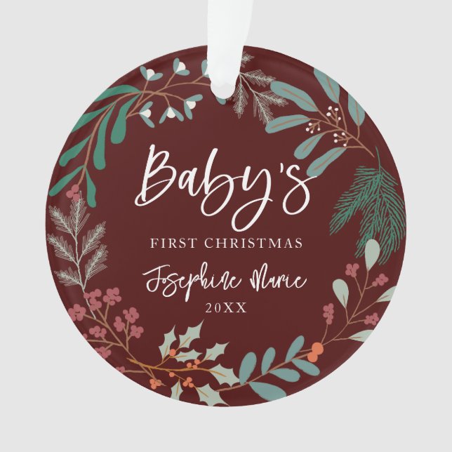 Ornamento Primeiro Natal do Red Winter Botanical Baby (Frente)