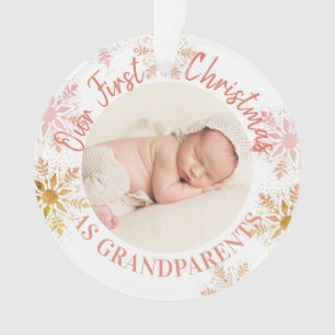 Ornamento Primeiro Natal dos Avós Dourado Rosa Neve