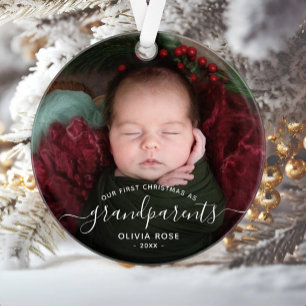 Ornamento Primeiro Natal dos Avós Foto com Letra Branca