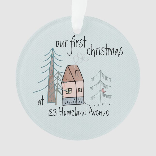 Ornamento Primeiro Natal em New Home Cute Doodle House (Frente)