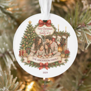 Ornamento Primeiro Natal Família de 4 Aguarela Natal
